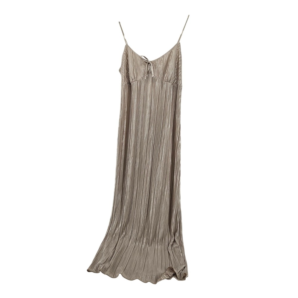 Y2K No Comment Babydoll Champagne Metallic Pleated Maxi Slip Dress L Fairy Glam - Picture 2 of 9